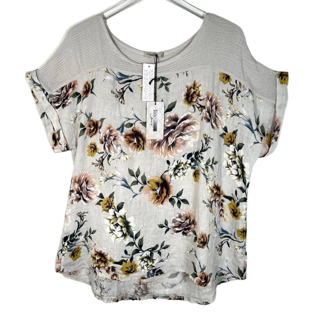 NEW! Lungo L'arno 100% Linen Floral Tunic Top 1X Cream Green Batwing Sleeve